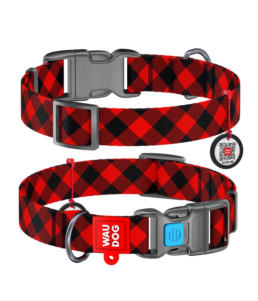 Dog Collar WAUDOG Nylon with pattern - Red Plaid