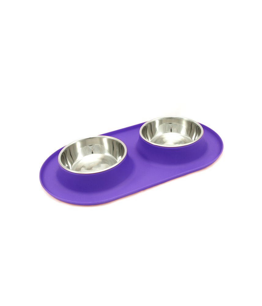 Double Silicone Feeder with Stainless Saucer Shaped Bowls - Purple