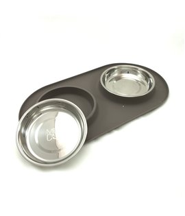Double Silicone Feeder with Stainless Saucer Shaped Bowls - Grey