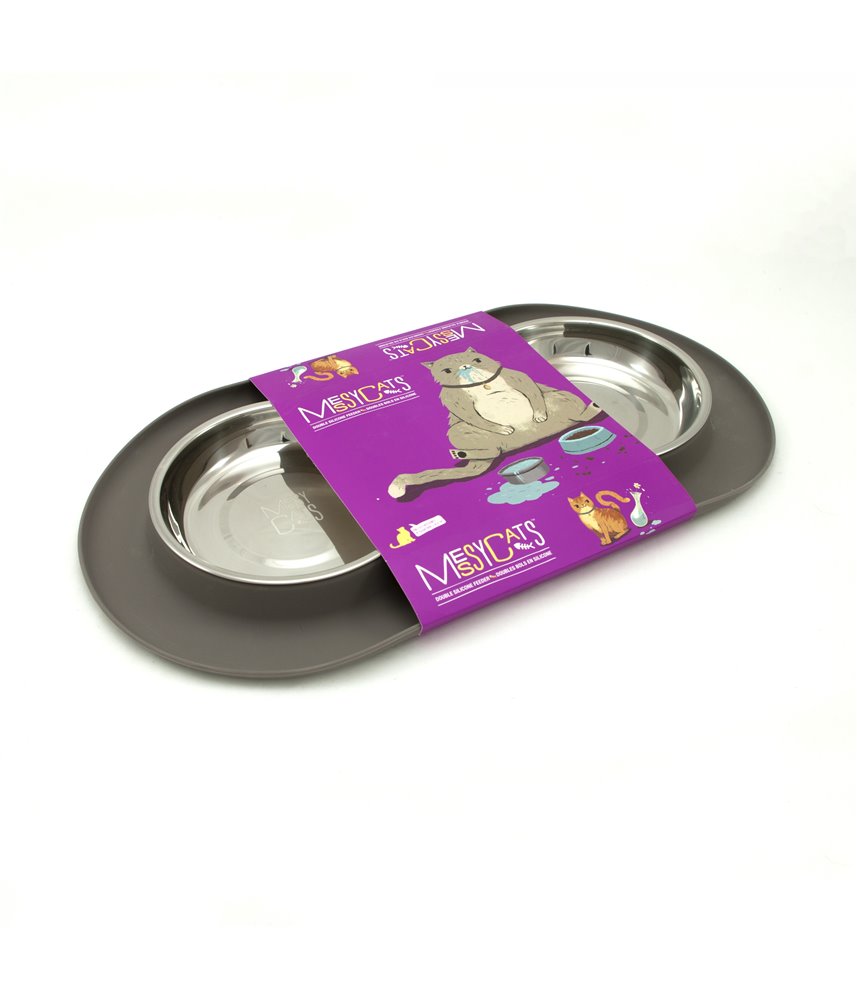 Double Silicone Feeder with Stainless Saucer Shaped Bowls - Grey